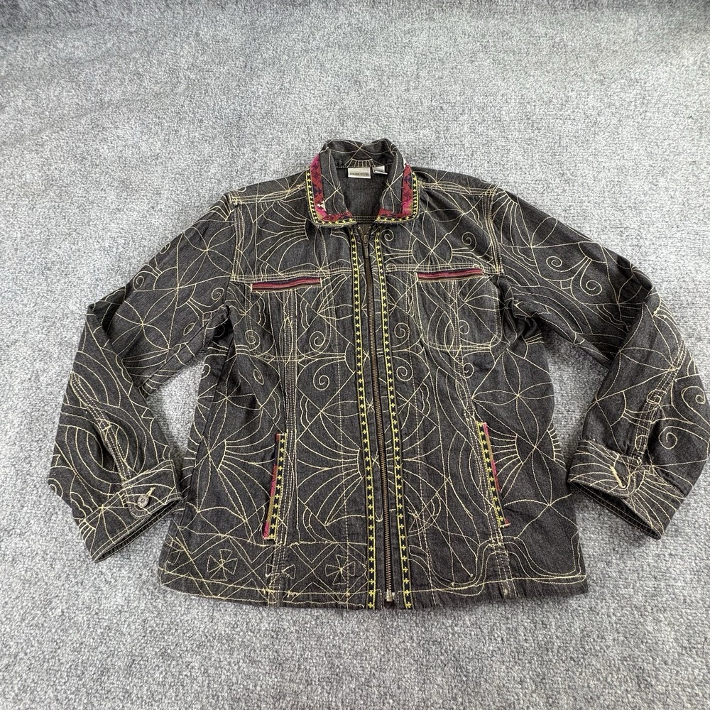 Chicos Embroidered Denim Jacket Women M Black Boho Artsy Whimsigoth Western‎